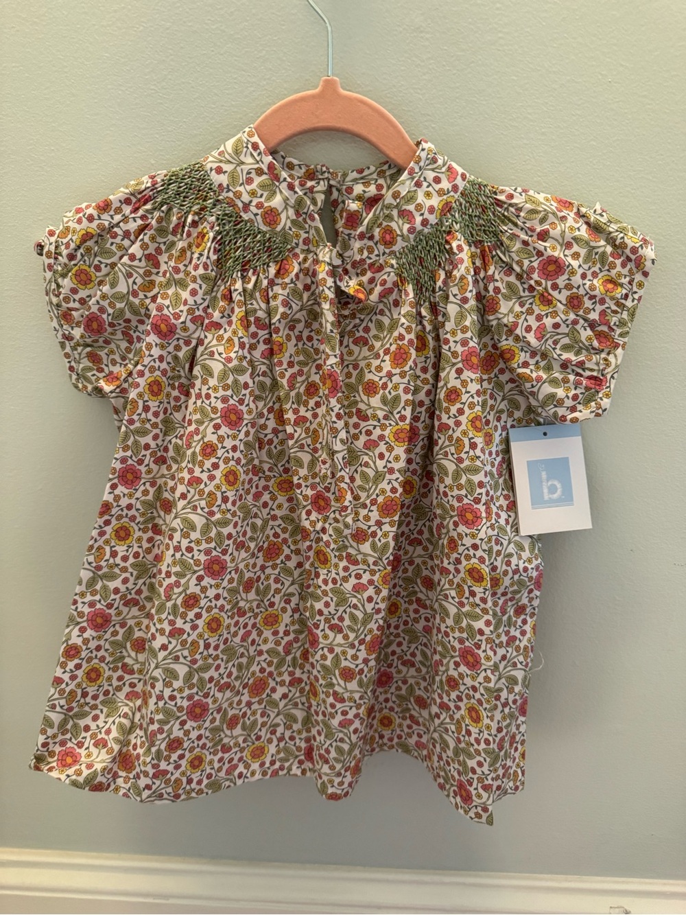 bella bliss Cream Floral Smocked Top with Pink, Yellow & Green Accents